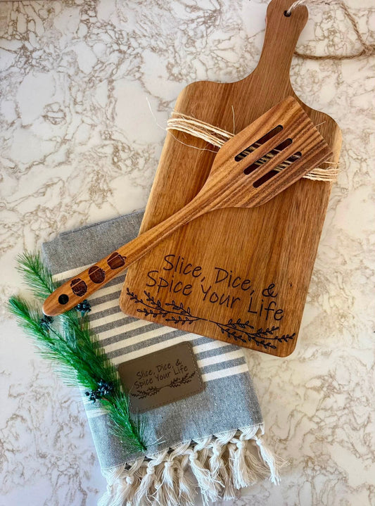 3‑Piece Engraved Kitchen Gift Pack | Custom Cutting Board, Utensil & Towel