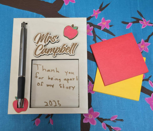 Customized Teacher Appreciation Sticky Note Holder with Engraved Pen