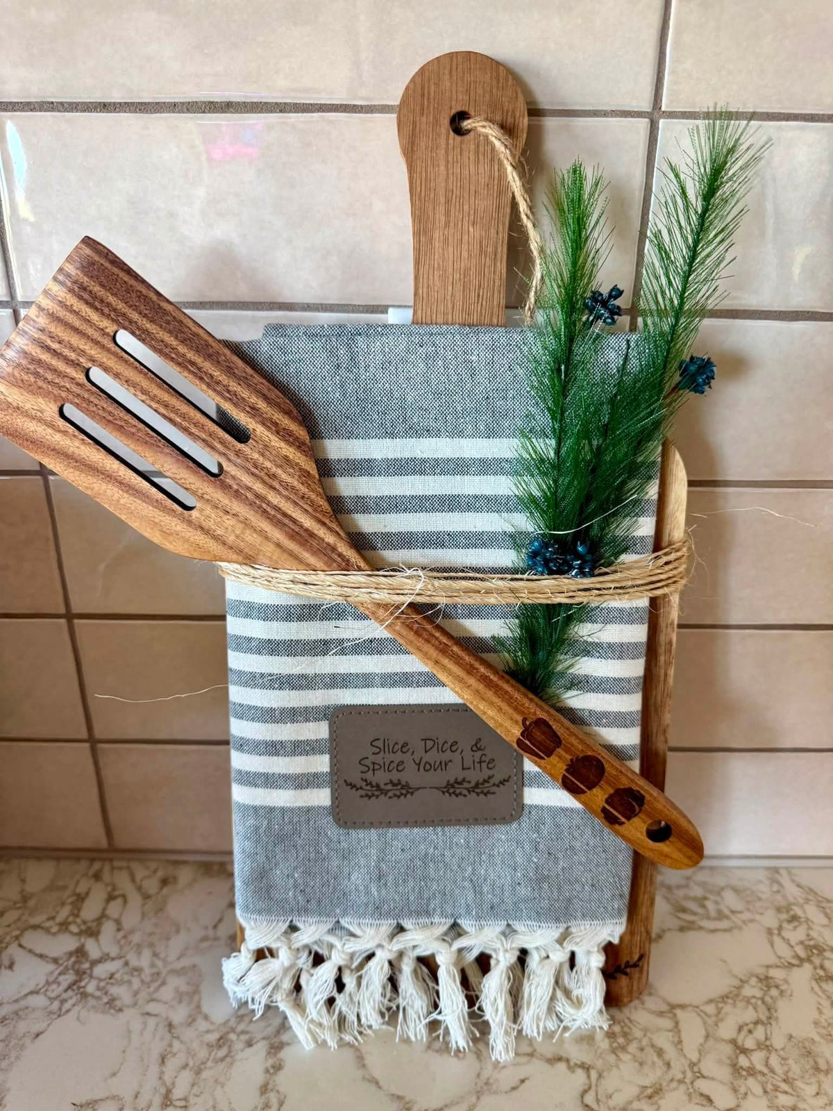 3‑Piece Engraved Kitchen Gift Pack | Custom Cutting Board, Utensil & Towel