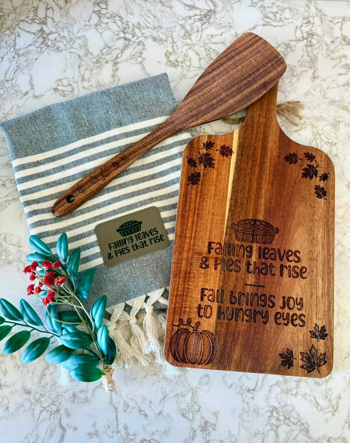 3‑Piece Engraved Kitchen Gift Pack | Custom Cutting Board, Utensil & Towel