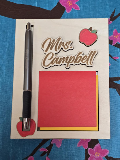 Customized Teacher Appreciation Sticky Note Holder with Engraved Pen