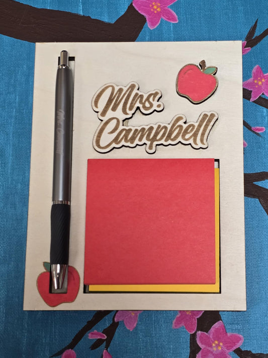 Customized Teacher Appreciation Sticky Note Holder with Engraved Pen